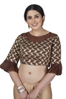 Beige brasso lycra saree with blouse 4