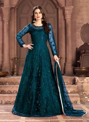 Dark-teal embroidered net salwar 1