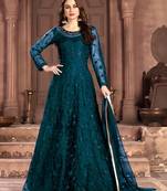 Dark-teal embroidered net salwar