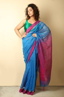 Cobalt blue  woven blended cotton saree with blouse
