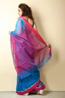 Cobalt blue  woven blended cotton saree with blouse