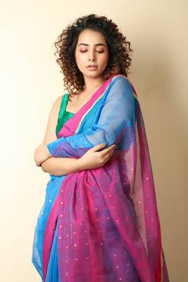 Cobalt blue  woven blended cotton saree with blouse 3