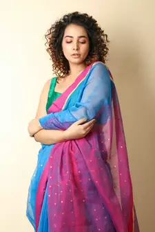 Cobalt blue  woven blended cotton saree with blouse