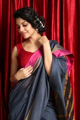 Grey woven blended cotton saree with blouse 4