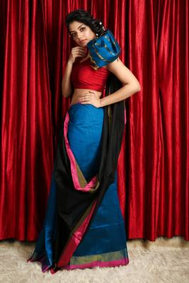 Blue woven blended cotton saree with blouse 2