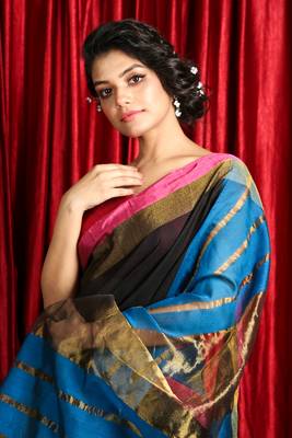 Blue woven blended cotton saree with blouse 4