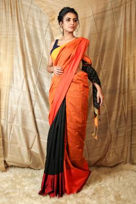 Orange woven blended cotton saree with blouse 1