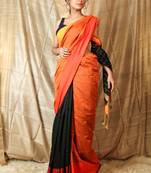 Orange woven blended cotton saree with blouse