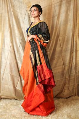 Orange woven blended cotton saree with blouse 2