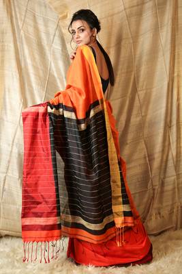 Orange woven blended cotton saree with blouse 3