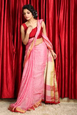  pink woven pure linen saree with blouse 1