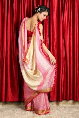  pink woven pure linen saree with blouse 3
