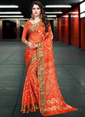 Orange woven chiffon saree with blouse 1
