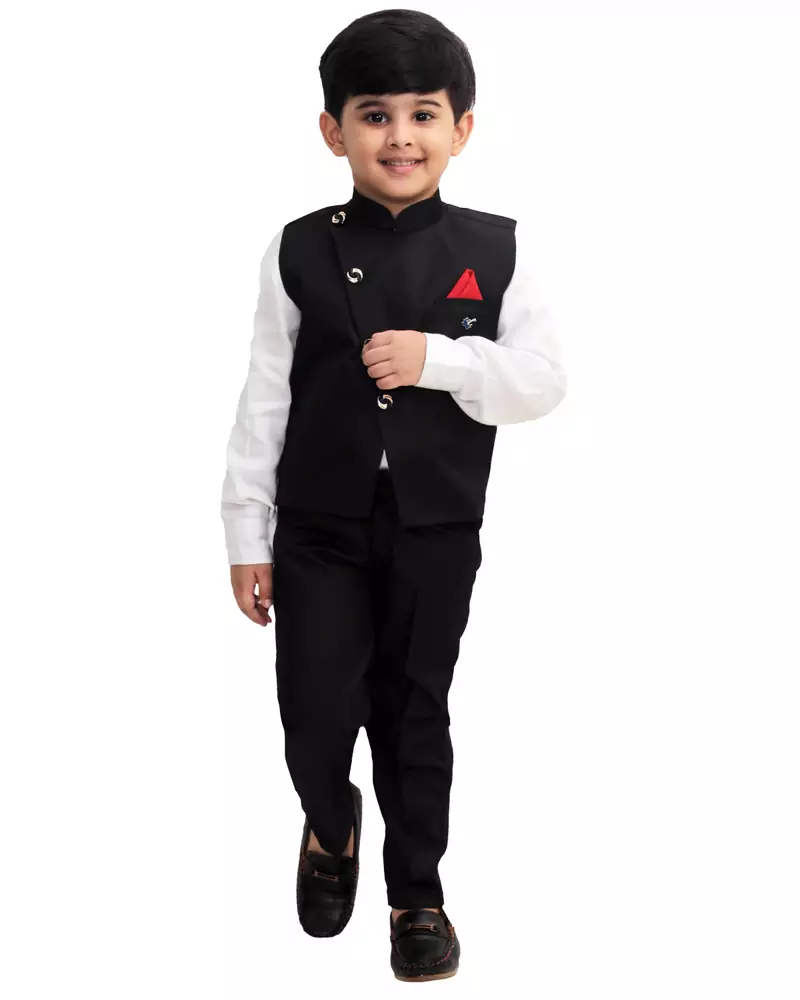 Black plain cotton silk boys-suit