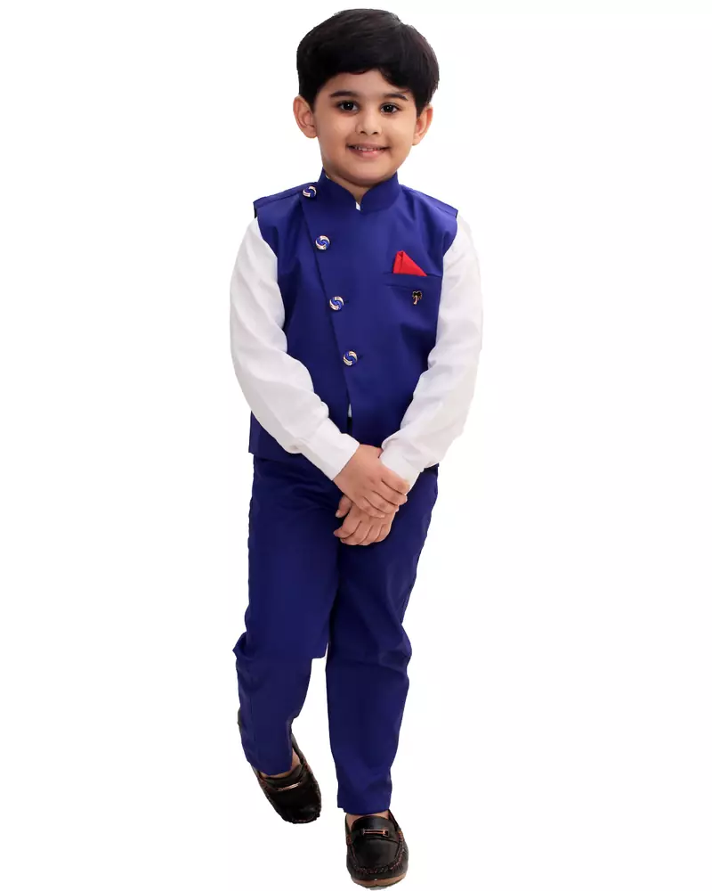Blue plain cotton silk boys-suit