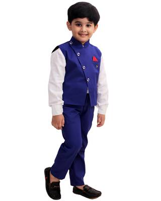 Blue plain cotton silk boys-suit 2
