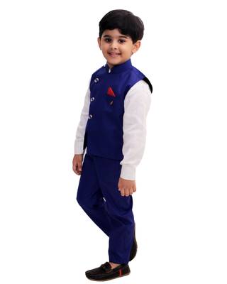 Blue plain cotton silk boys-suit 3