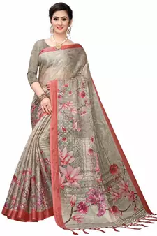 Charcoal Printed Cotton Poly Saree With Blouse