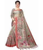 Charcoal Printed Cotton Poly Saree With Blouse