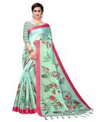 Sea Green Printed Cotton Poly Saree With Blouse