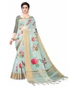 Sea Green Printed Cotton Poly Saree With Blouse
