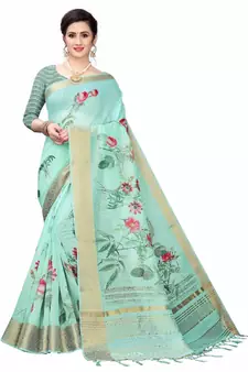 Sea Green Printed Cotton Poly Saree With Blouse