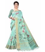 Sea Green Printed Cotton Poly Saree With Blouse