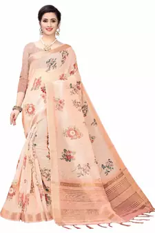Peach Printed Cotton Poly Saree With Blouse