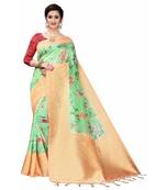 Light Green Printed Cotton Poly Saree With Blouse
