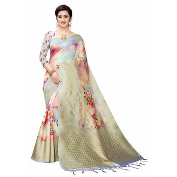 Multicolor Printed Cotton Poly Saree With Blouse 1