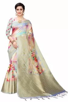 Multicolor printed cotton poly saree with blouse