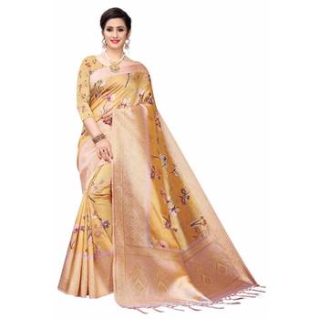 Gold Printed Cotton Poly Saree With Blouse 1