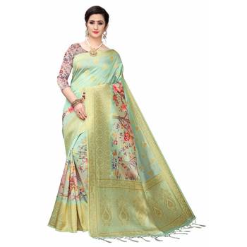 Sea Green Printed Cotton Poly Saree With Blouse 1