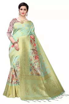 Sea Green Printed Cotton Poly Saree With Blouse