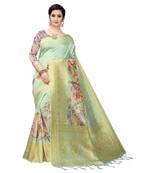 Sea Green Printed Cotton Poly Saree With Blouse
