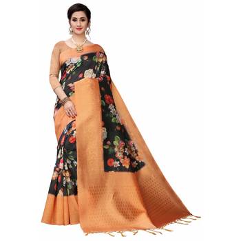 Black Printed Cotton Poly Saree With Blouse 1