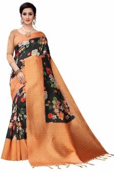 Black Printed Cotton Poly Saree With Blouse