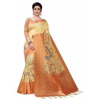 Gold Printed Cotton Poly Saree With Blouse 1
