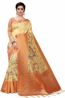 Gold Printed Cotton Poly Saree With Blouse