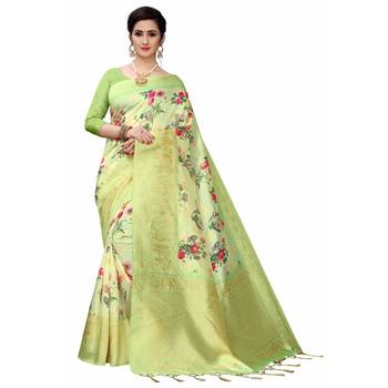 Light Green Printed Cotton Poly Saree With Blouse 1