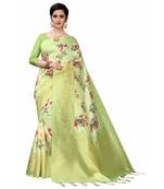 Light Green Printed Cotton Poly Saree With Blouse