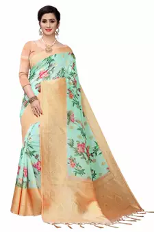 Sea Green Printed Cotton Poly Saree With Blouse