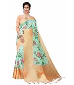Sea Green Printed Cotton Poly Saree With Blouse