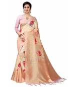 Cream Printed Cotton Poly Saree With Blouse