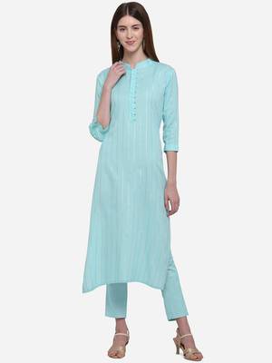 Aqua-blue plain cotton ethnic-kurtis 1