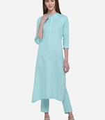 Aqua-blue plain cotton ethnic-kurtis
