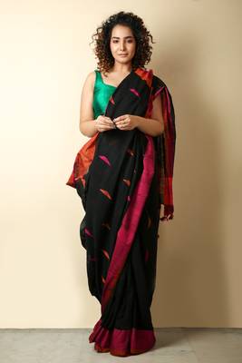 Black woven cotton saree with blouse 1