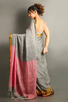 Grey  woven pure linen saree with blouse 2