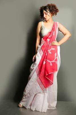 White woven blended cotton saree with blouse 1
