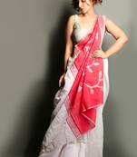 White woven blended cotton saree with blouse